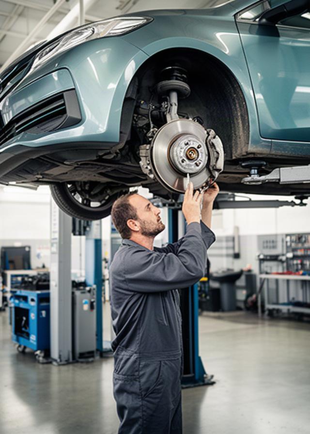 Automotive technician inspecting a vehicle on a lift inside a clean Port Coquitlam repair shop