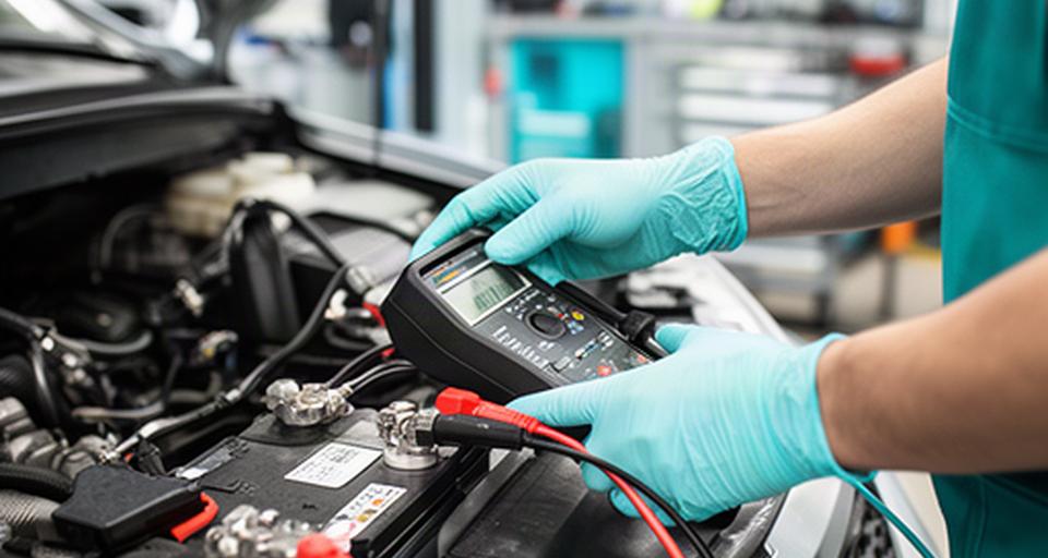 Technician testing a vehicle battery with a handheld electrical meter in the workshop