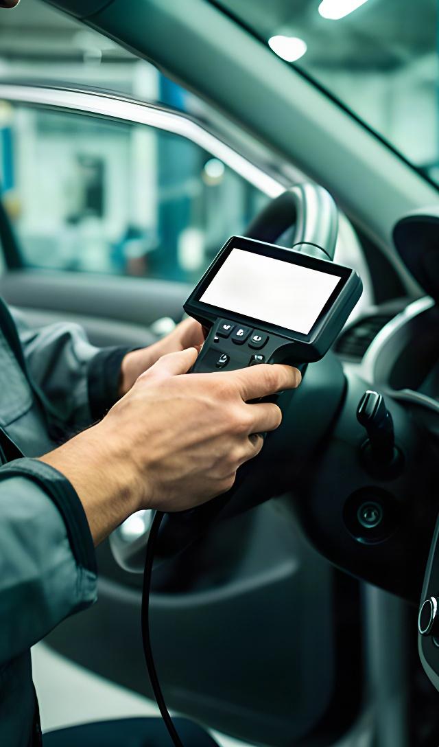 Technician using a diagnostic scanner beside a vehicle dashboard in an automotive workshop
