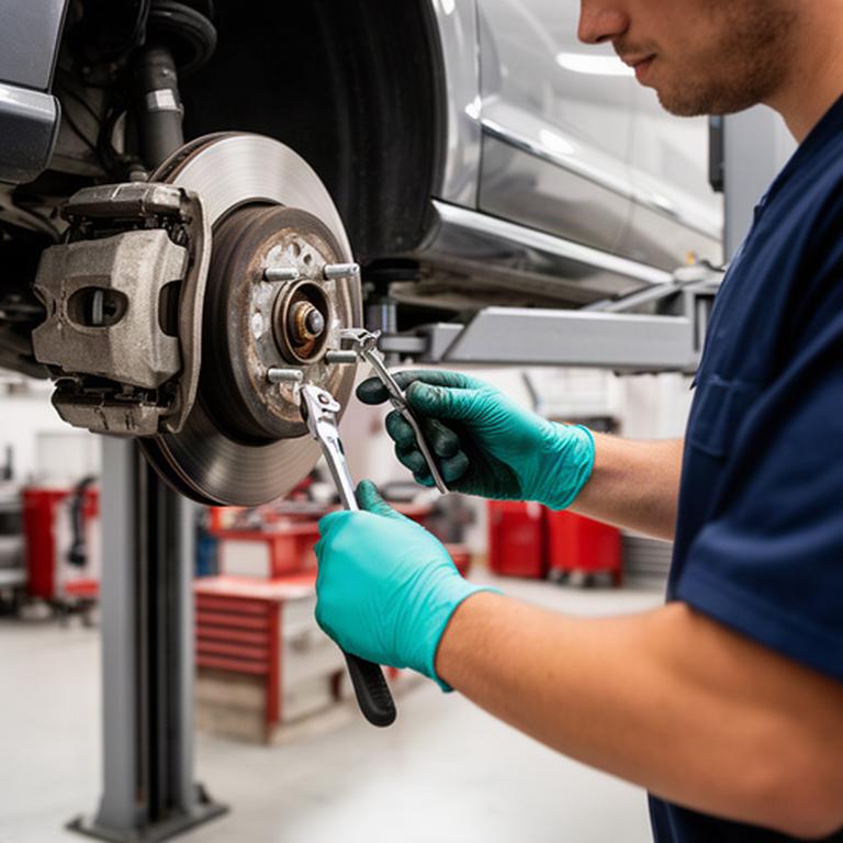 Certified technician inspecting a vehicle brake assembly beside a lift in the garage