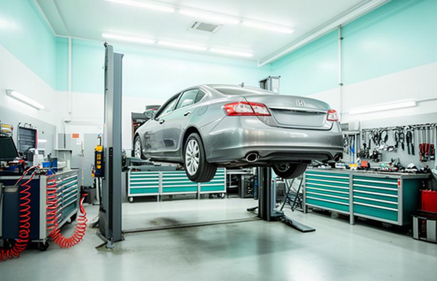 Bright automotive service bay with a raised sedan and organized repair tools