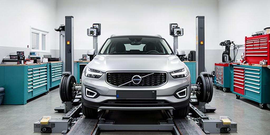 Vehicle positioned on a wheel alignment rack inside a tidy automotive workshop