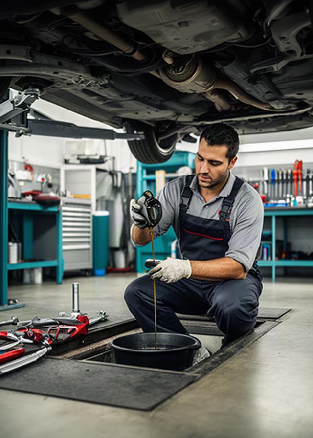Automotive technician completing an oil service beneath a vehicle in a tidy workshop