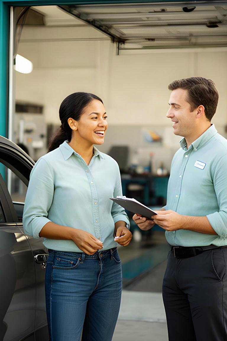 Customer speaking with an automotive service adviser beside a parked vehicle at the workshop