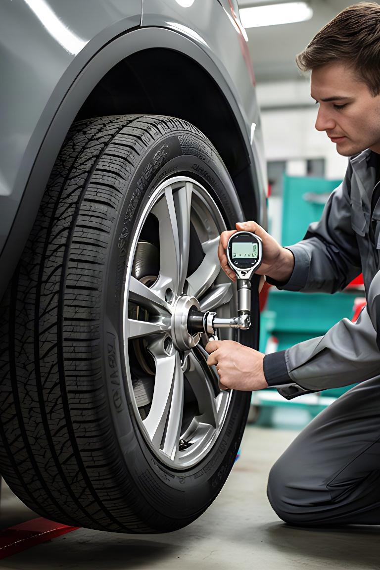 Mechanic fitting a seasonal tire with a torque tool in a Port Coquitlam service bay