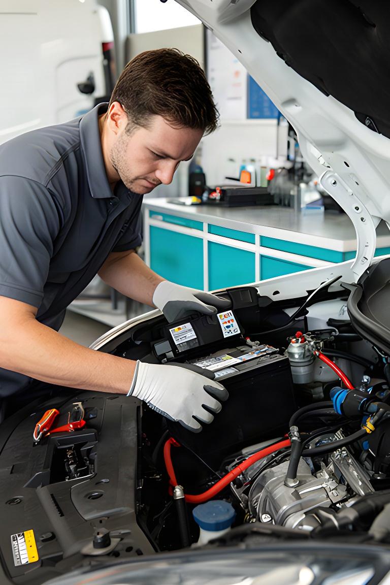 Automotive technician replacing a battery in a commercial van near the workshop service counter