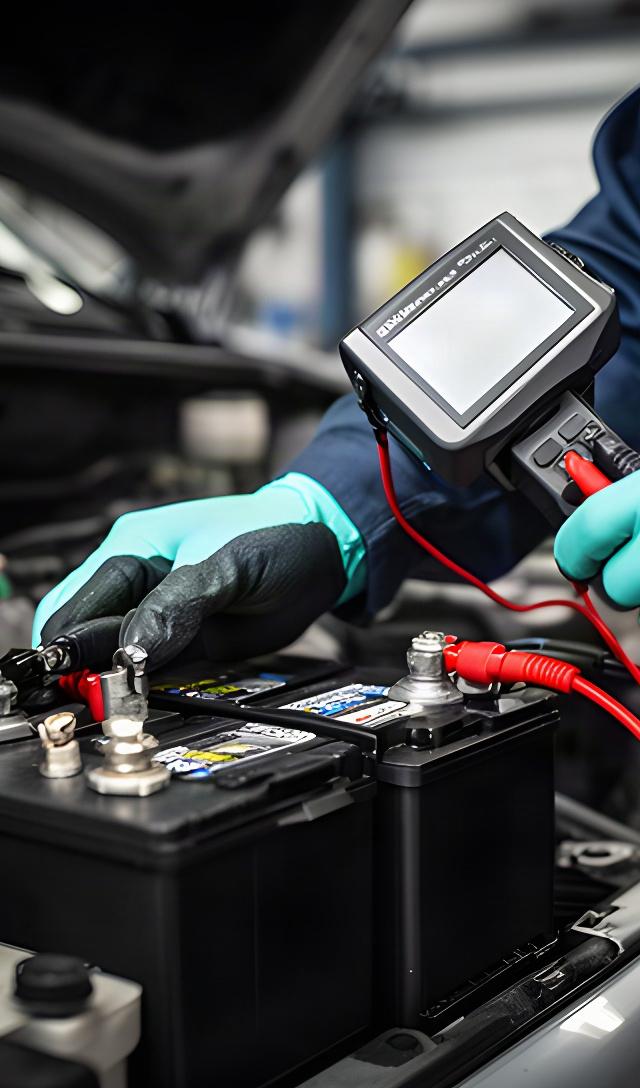 Automotive technician testing a car battery with a handheld meter in a workshop