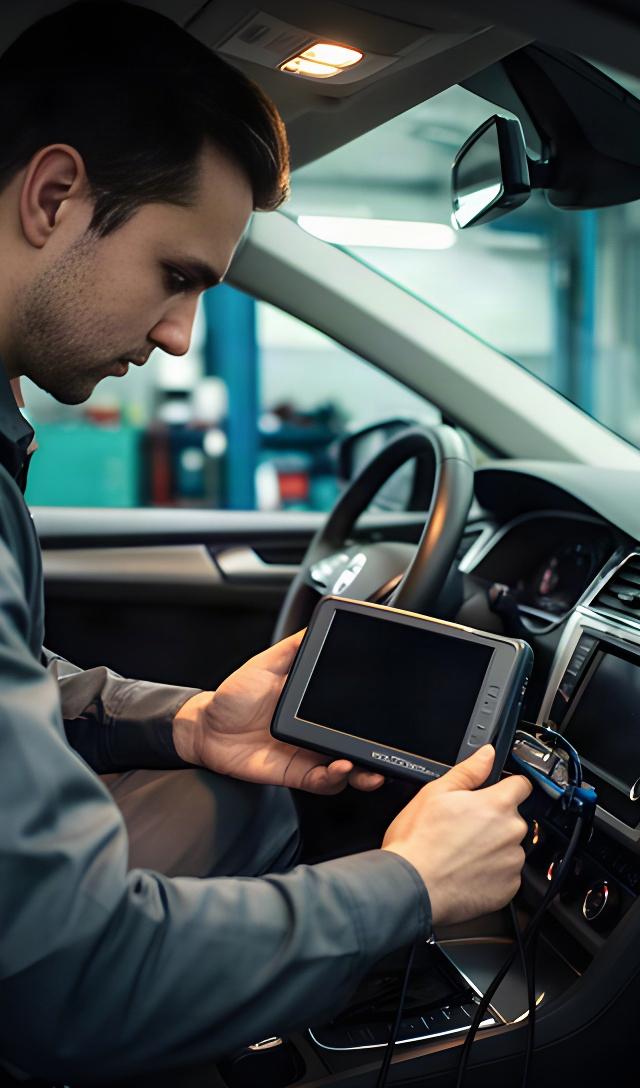 Technician using a diagnostic scanner inside a modern vehicle service bay