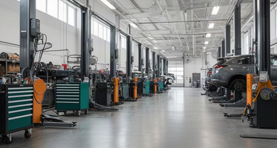 Clean row of automotive service bays with tools and vehicles ready for repair