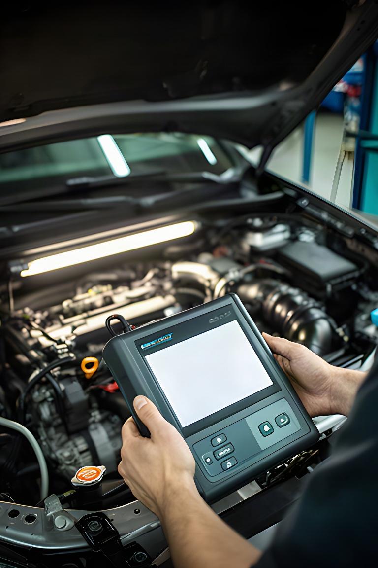 Mechanic using a diagnostic reader near an open engine bay under workshop lighting