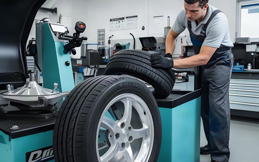 Technician fitting a tire on a balancing machine inside an automotive service centre