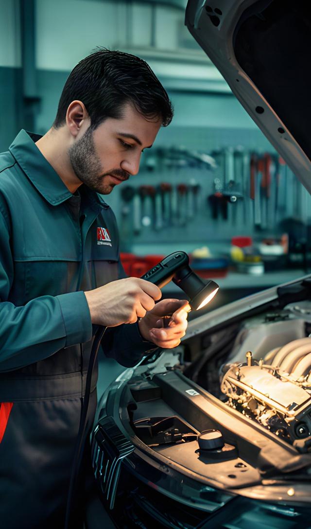 Automotive technician checking a vehicle component with a handheld inspection light