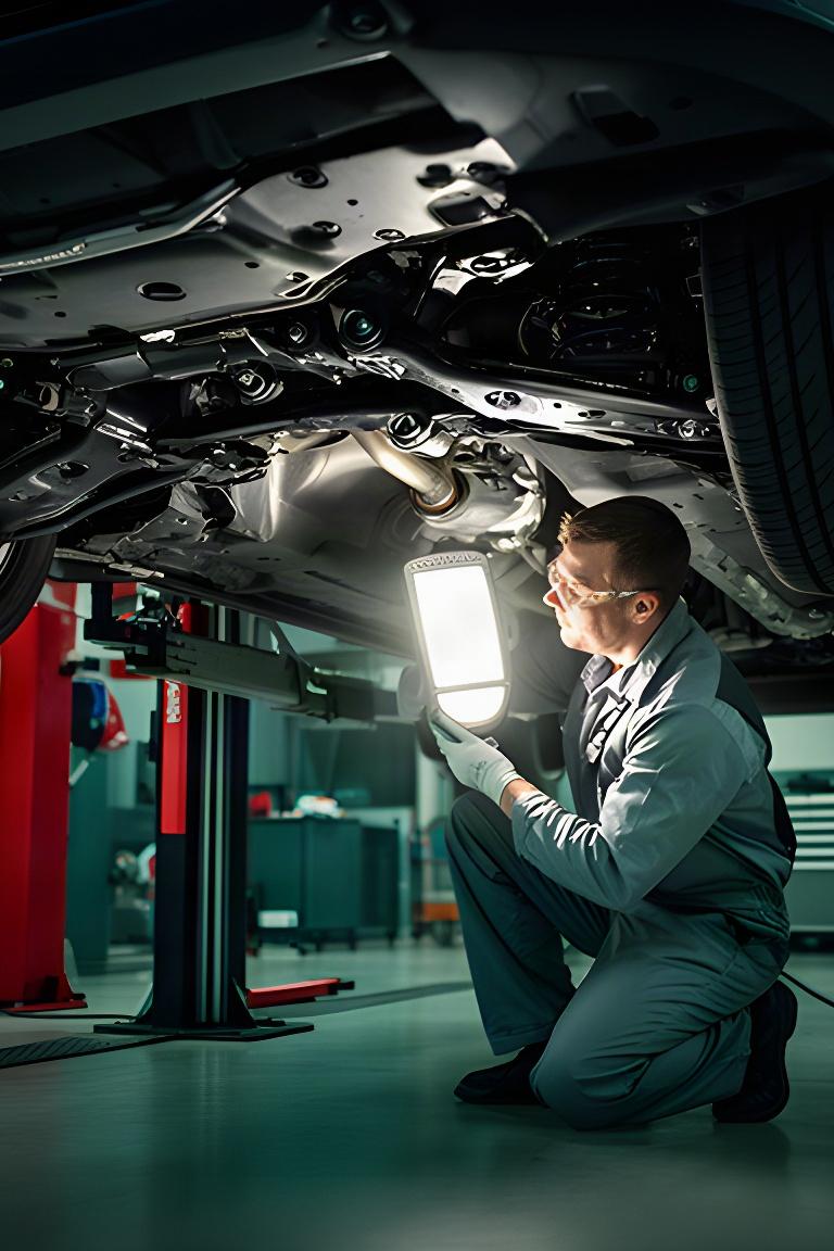 Automotive technician using a work light while inspecting suspension parts under a vehicle