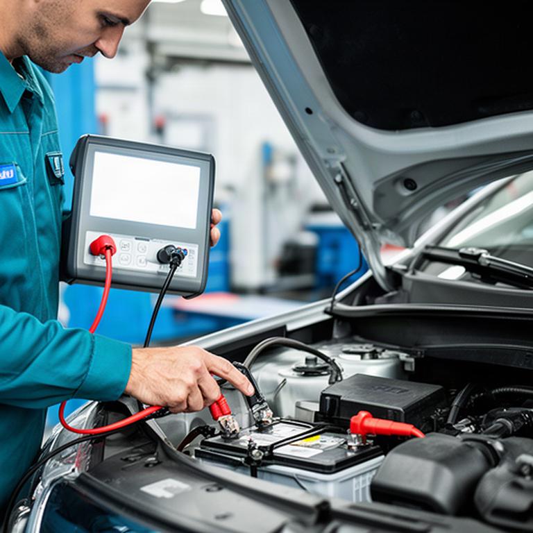 Technician testing a car battery beside an open bonnet in a clean automotive workshop