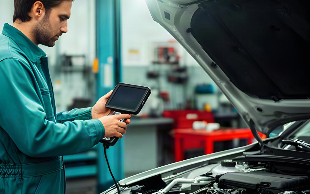 Technician using a diagnostic scanner beside an open vehicle bonnet in the service bay