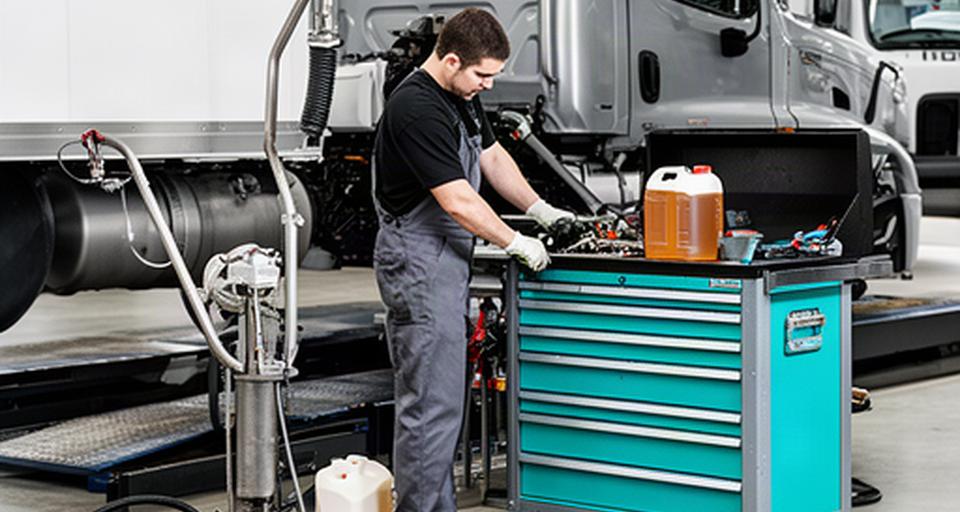 Mechanic completing an oil service on a commercial vehicle in a clean service bay