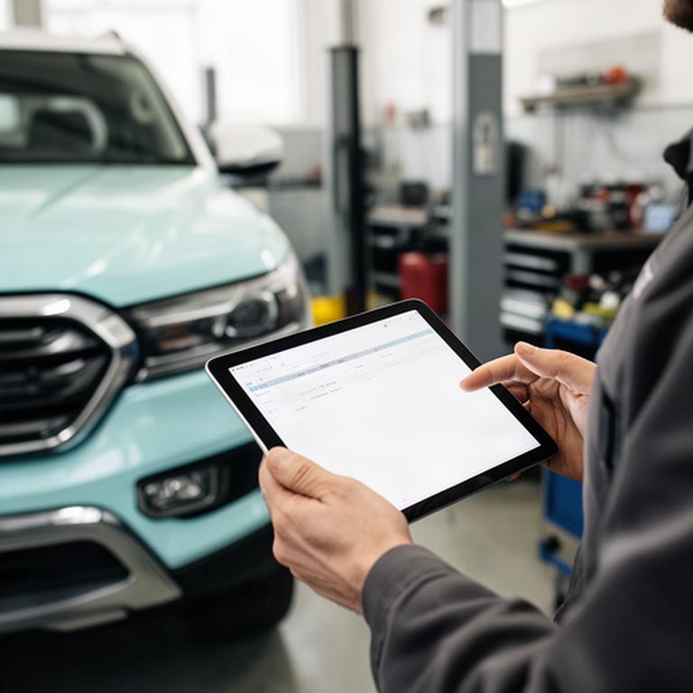 Fleet technician reviewing vehicle service records on a tablet beside a commercial SUV