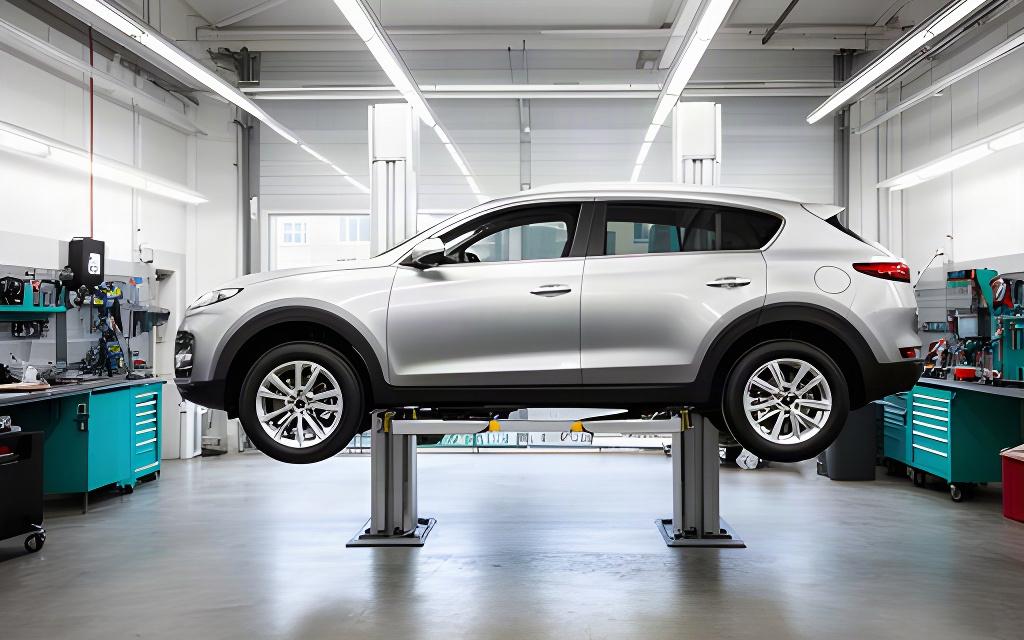 Silver vehicle raised on a hydraulic lift during a scheduled inspection