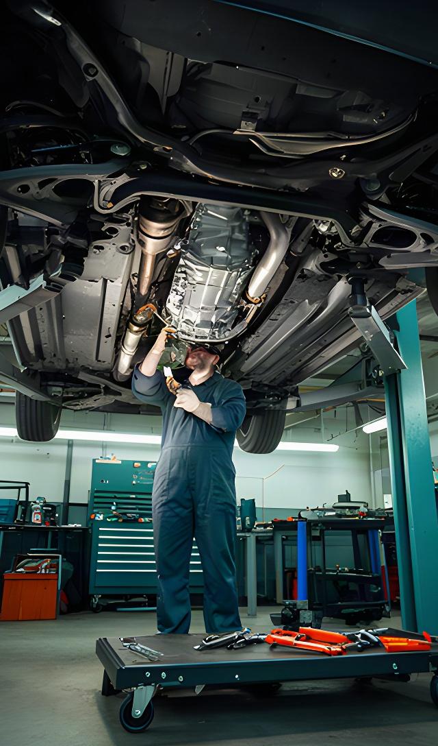 Vehicle raised on a lift while a technician prepares transmission service underneath