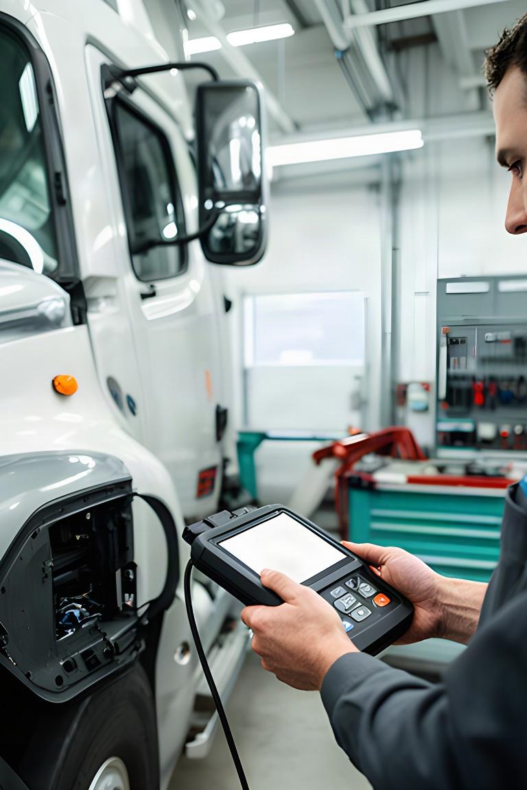 Technician connecting a diagnostic scanner to a delivery truck in a Port Coquitlam workshop