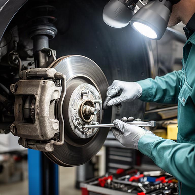Close view of a mechanic checking front brake components during a vehicle service
