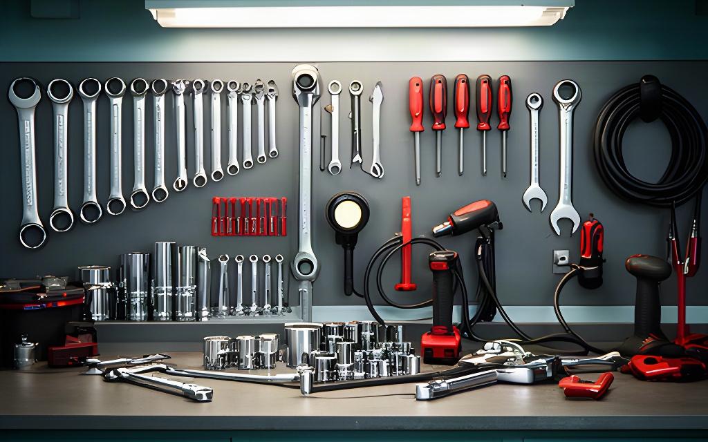 Organized automotive tools and service equipment inside a tidy repair workshop