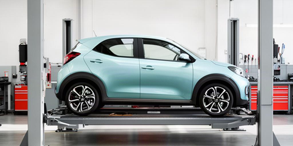 Compact car raised on a hydraulic lift for scheduled maintenance in a clean garage