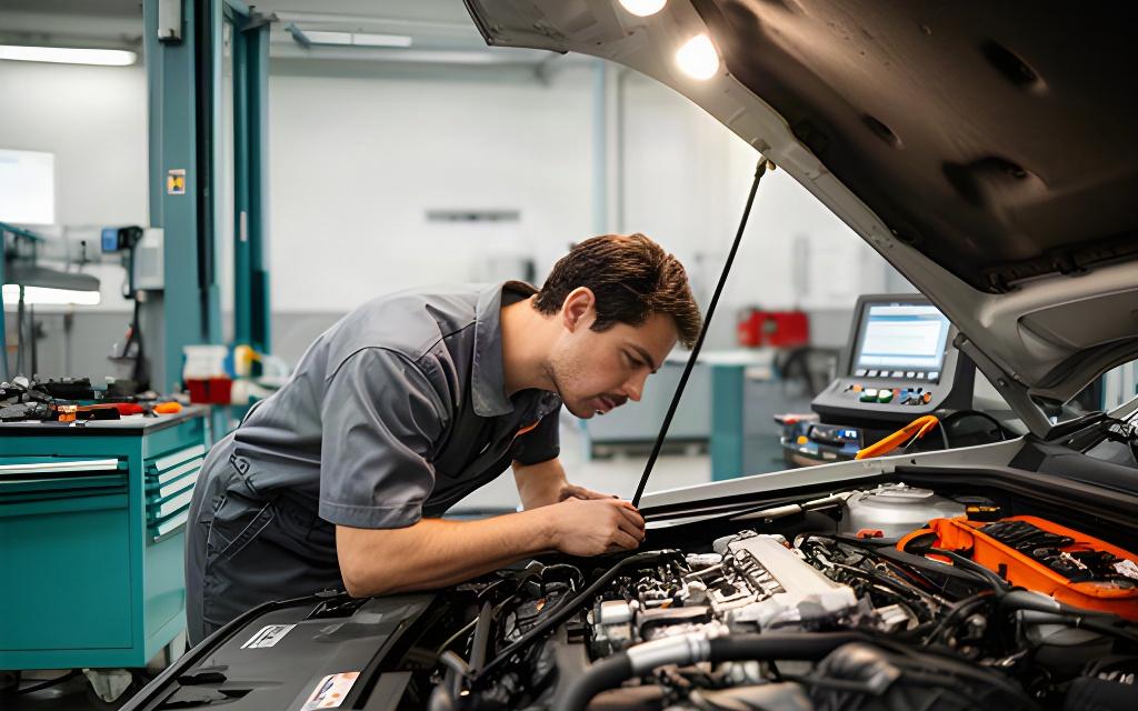 Mechanic inspecting an engine compartment under workshop lighting