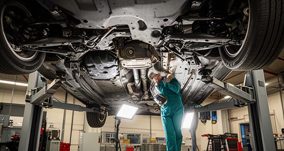 Technician examining the underside of a vehicle on a workshop lift