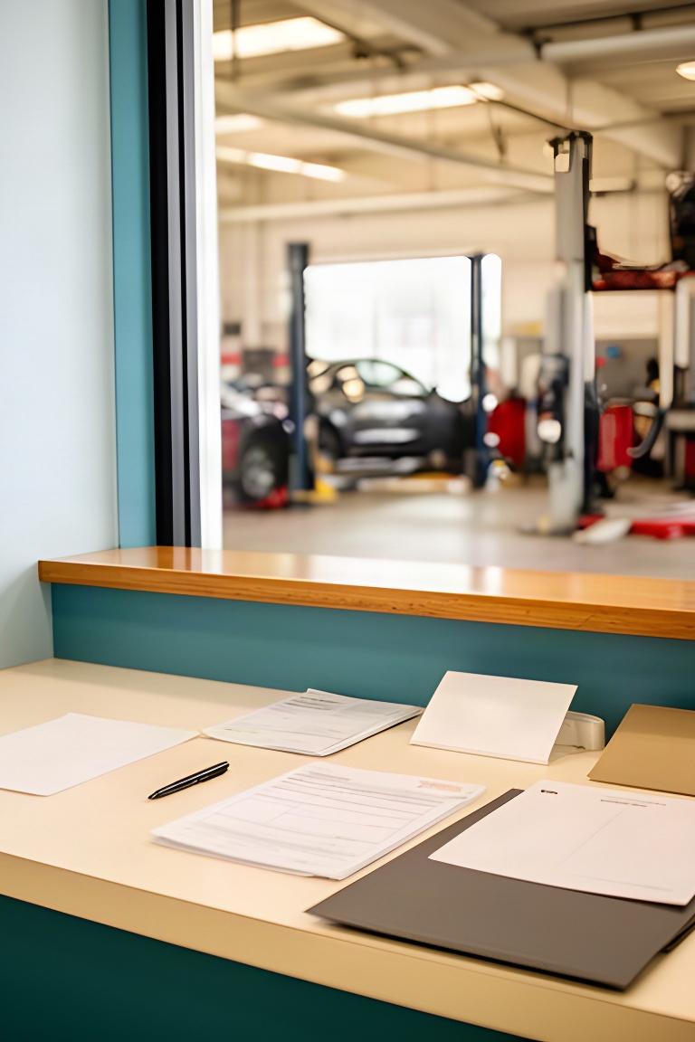 Welcoming repair shop front counter with service paperwork and a view into the garage