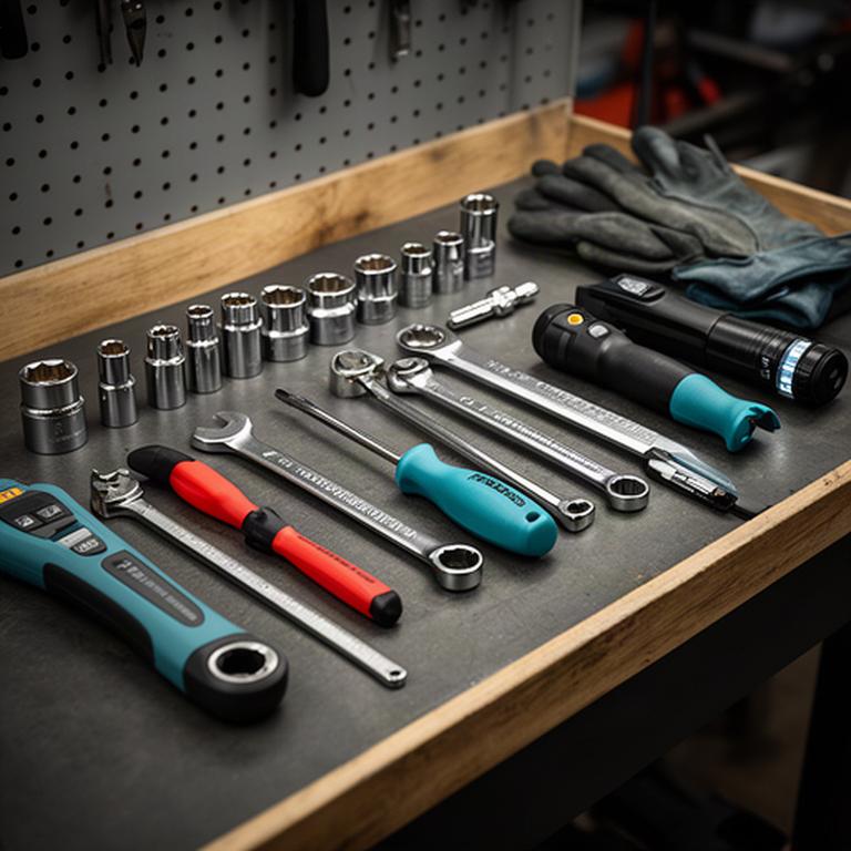 Organized mechanic hand tools and inspection equipment arranged on a workshop workbench