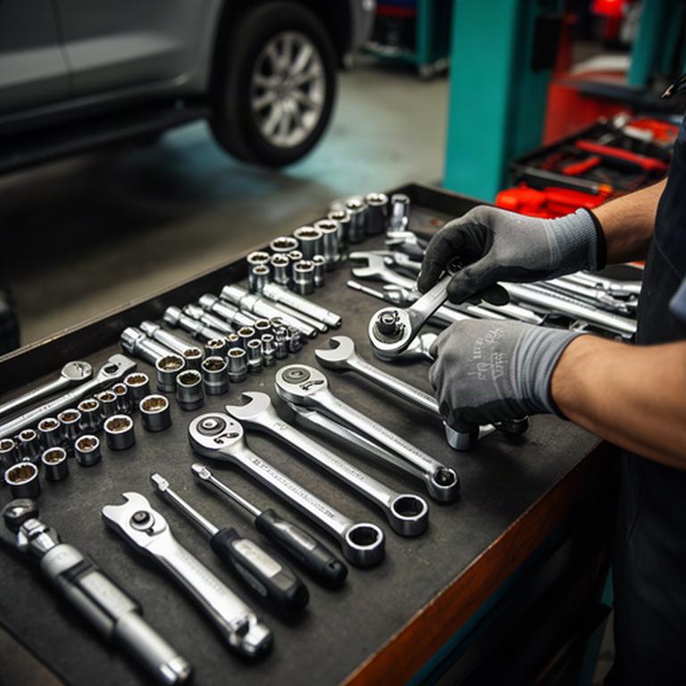 Mechanic arranging hand tools on a workbench beside a vehicle repair bay