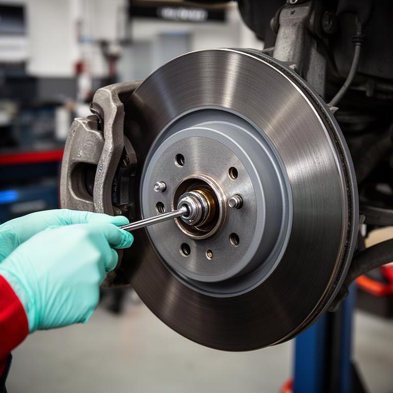 Close inspection of a brake rotor and caliper during vehicle maintenance