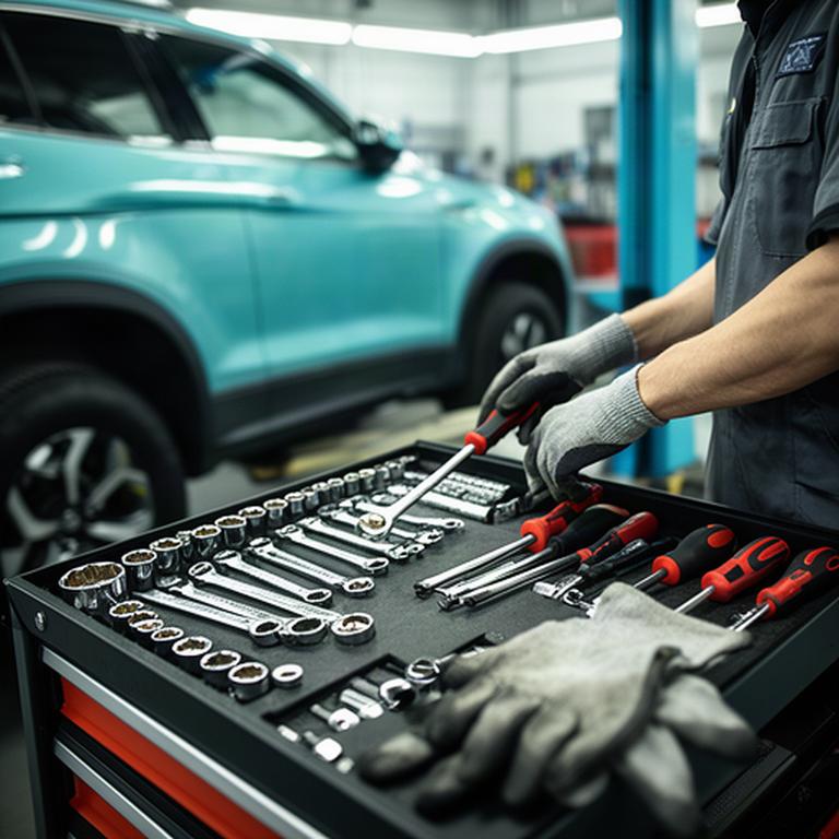 Automotive technician organising hand tools beside a serviced vehicle