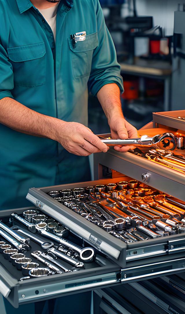Automotive technician selecting a hand tool from a well organised toolbox in the workshop