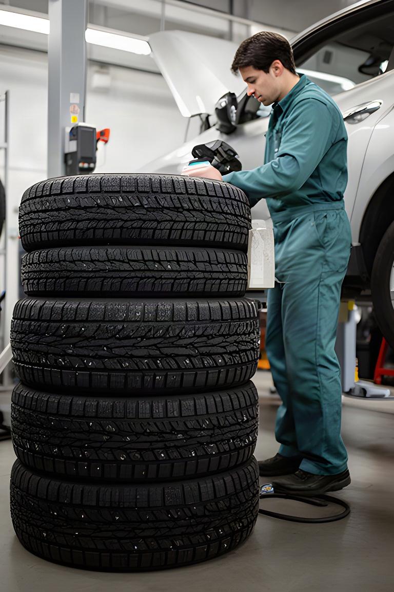 Stack of seasonal tires beside a technician preparing a vehicle for winter driving