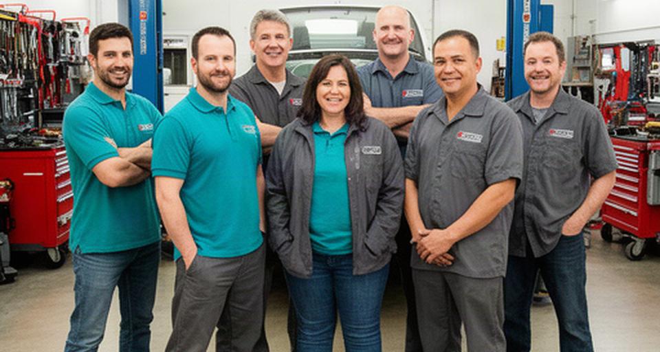 Automotive repair team standing together between service bays in their Port Coquitlam garage