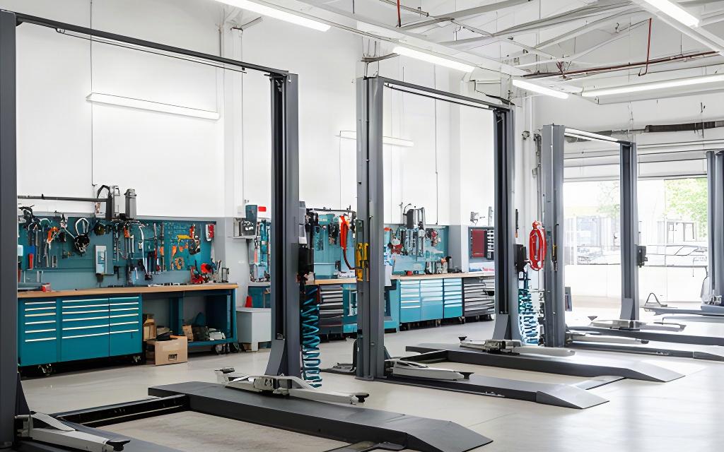 Bright automotive service bays inside a Port Coquitlam repair centre with lifts and organised tools