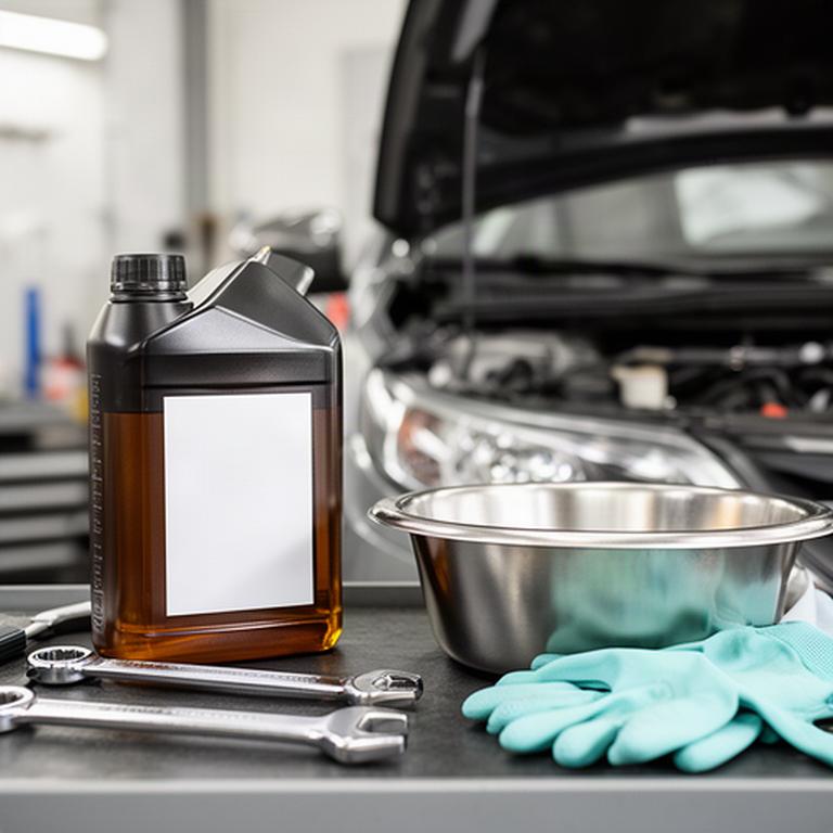 Fresh engine oil being prepared beside a vehicle during routine maintenance