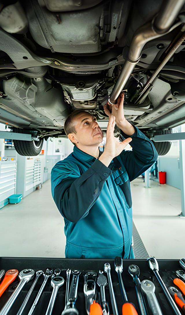 Automotive technician working beneath a raised vehicle with tools arranged nearby