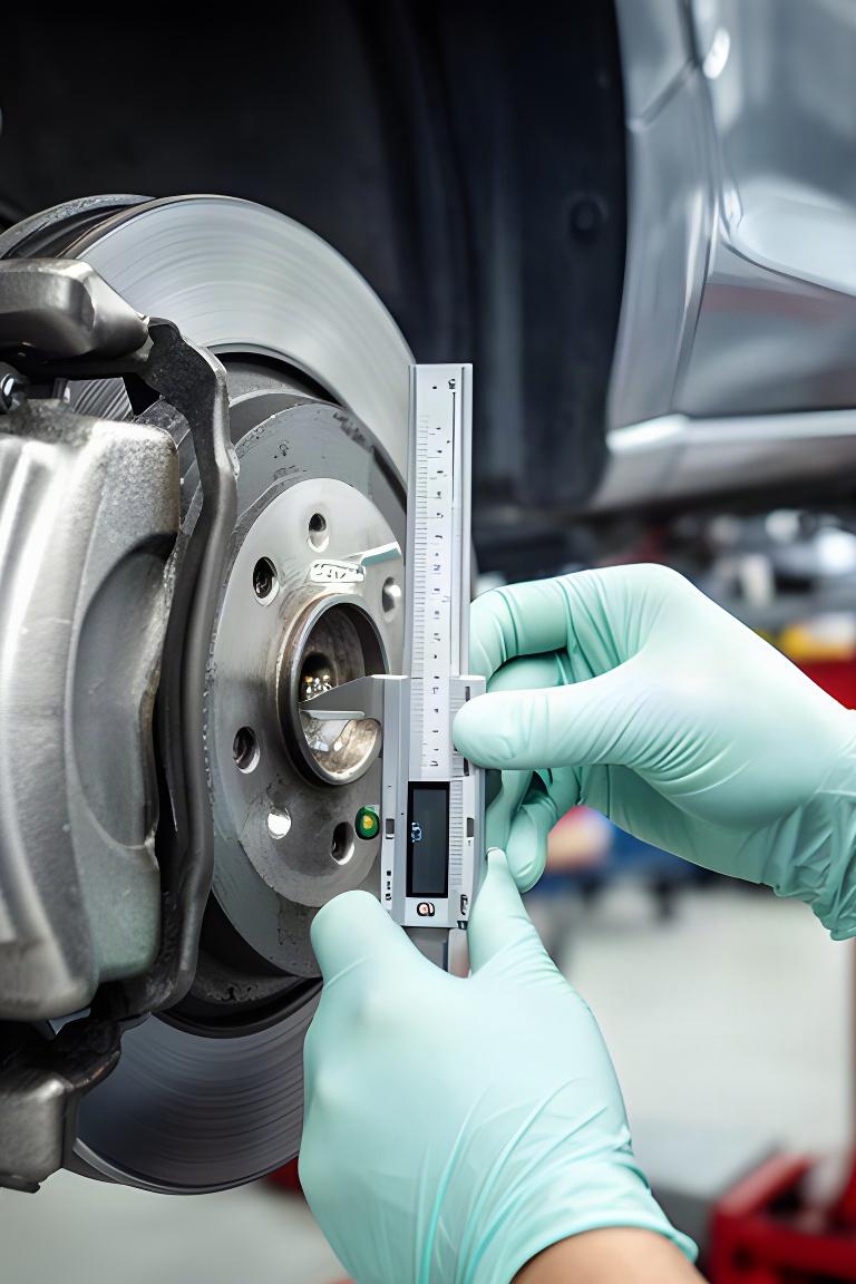 Technician measuring brake components during a vehicle safety service
