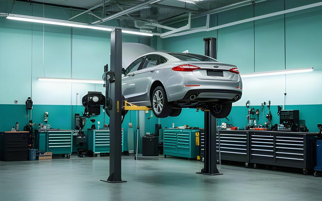 Clean vehicle repair bay with a car raised for scheduled maintenance
