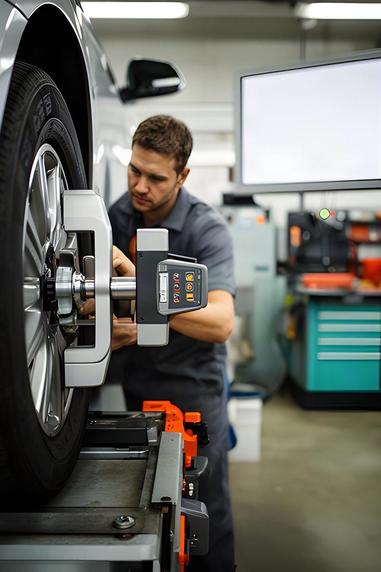 Technician checking wheel alignment equipment on a vehicle in a service bay