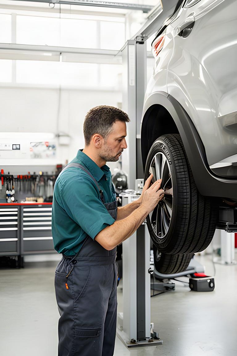 Automotive technician inspecting a wheel beside a raised vehicle in a bright repair bay