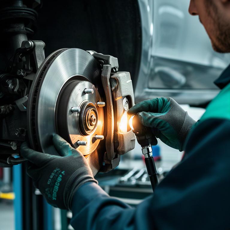 Technician checking a car brake assembly with a work light in an automotive workshop