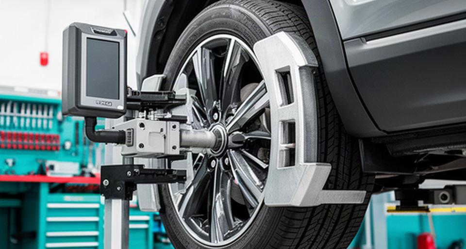 Close view of a wheel alignment machine attached to a vehicle in a professional service bay