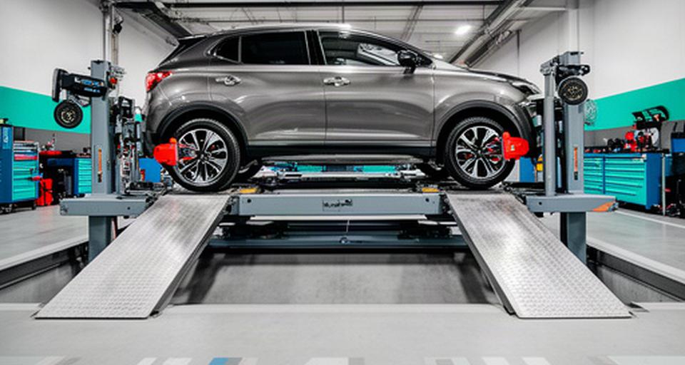 Vehicle positioned on a wheel alignment rack inside the automotive workshop