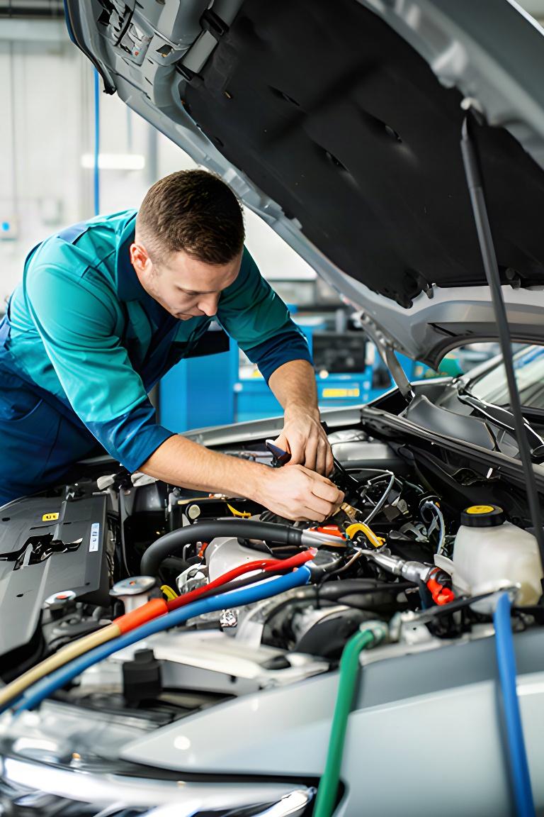 Technician servicing an automotive air conditioning system in a well-lit repair bay