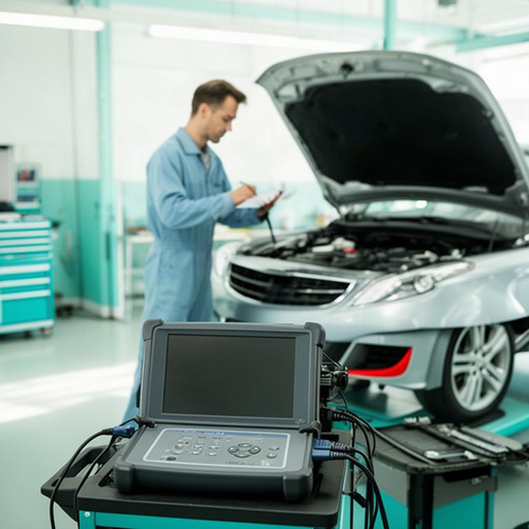 Technician inspecting a vehicle beside diagnostic equipment in a bright workshop