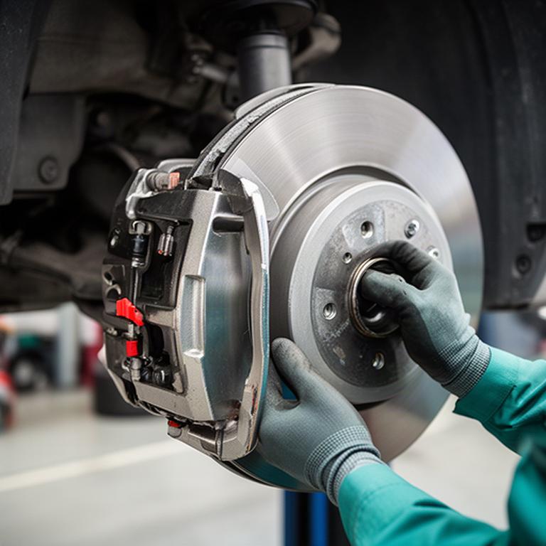 Mechanic examining a disc brake assembly beside a customer vehicle